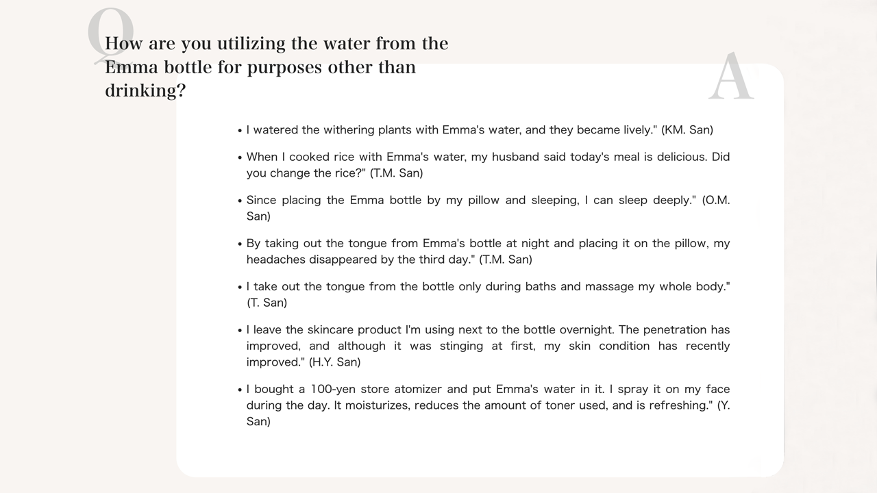 Emma Bottle is a new approach to health and beauty. This special bottle emits vibrations within the natural wave range of 7.5μm to 14μm, with its antioxidant properties verified through biomarker tests. By antioxidizing your favorite beverages, it offers a promising solution to fatigue, menopausal discomfort, and aging skin. Moreover, it's cost-effective compared to health foods and supplements, providing excellent value for money.